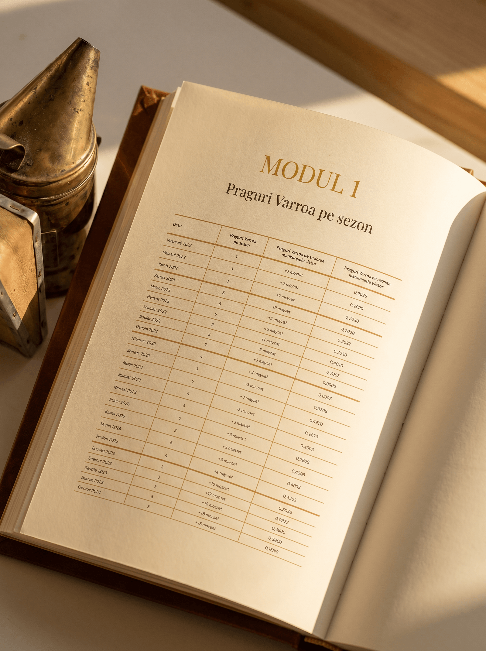 Pagină din manual: Tabelul de praguri Varroa pe sezon (Modul 1)